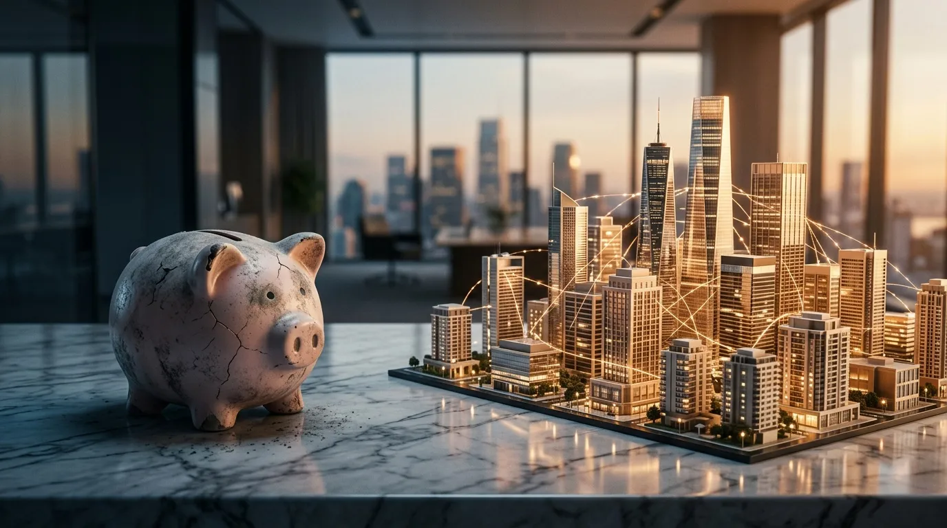 Tirelire cassée et maquette de ville moderne au coucher soleil