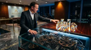 Homme d'affaires présentant mécanismes et cristaux dans bureau luxe