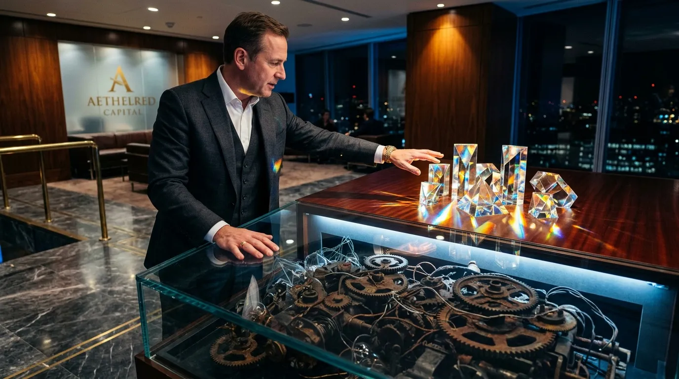 Homme d'affaires présentant mécanismes et cristaux dans bureau luxe