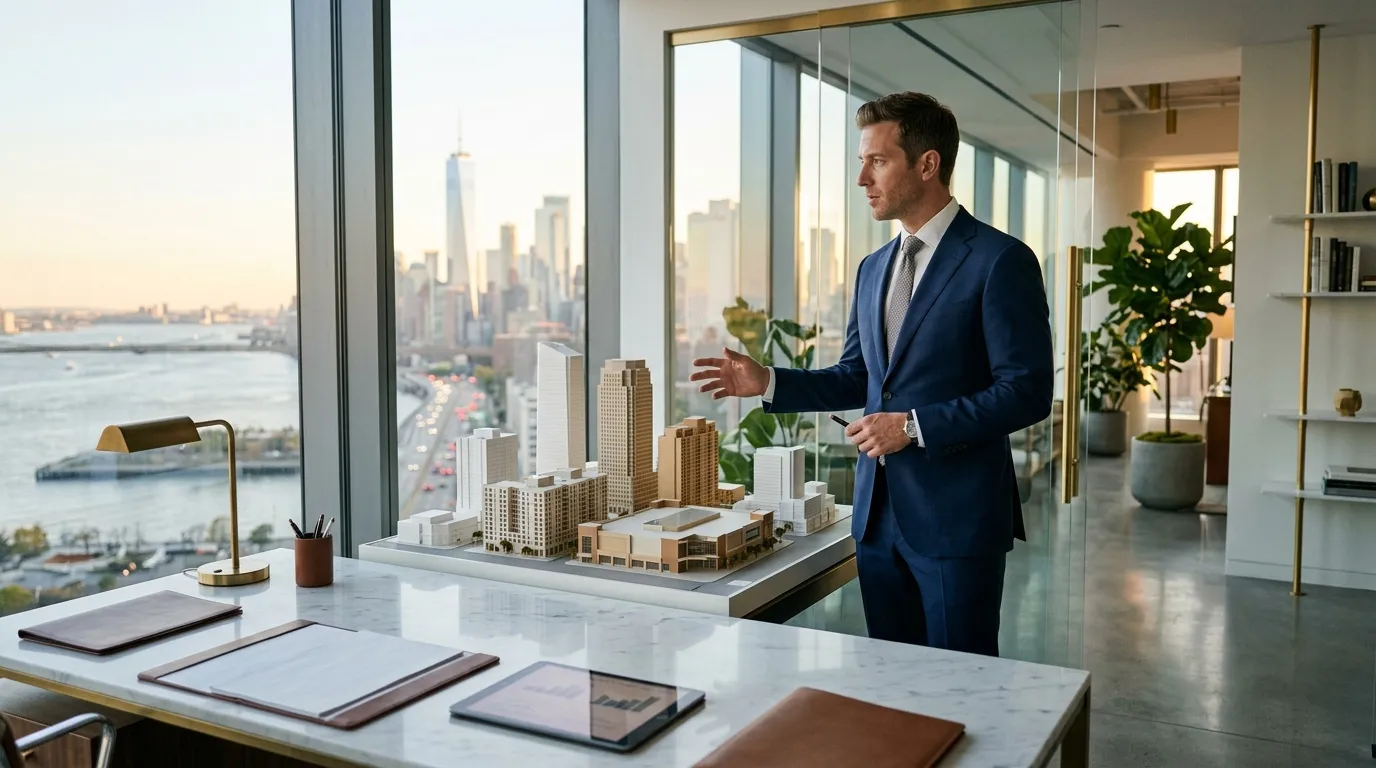 Homme d'affaires présentant maquette architecturale gratte-ciel