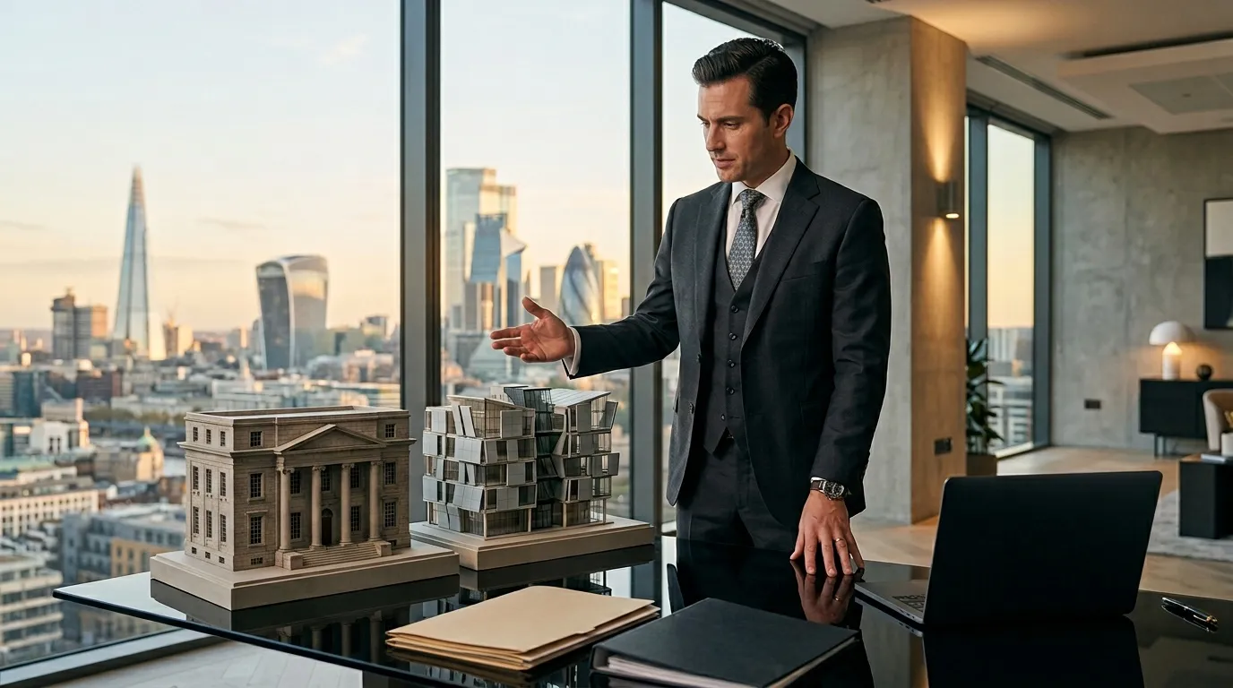 Homme d'affaires présente maquettes architecturales devant skyline