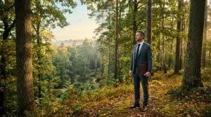 Homme d'affaires en costume noir tenant une mallette en forêt