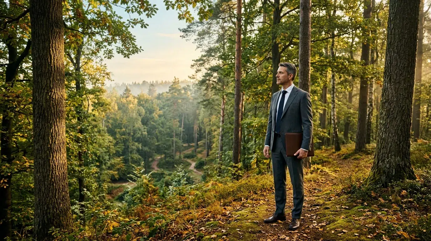 Homme d'affaires en costume noir tenant une mallette en forêt