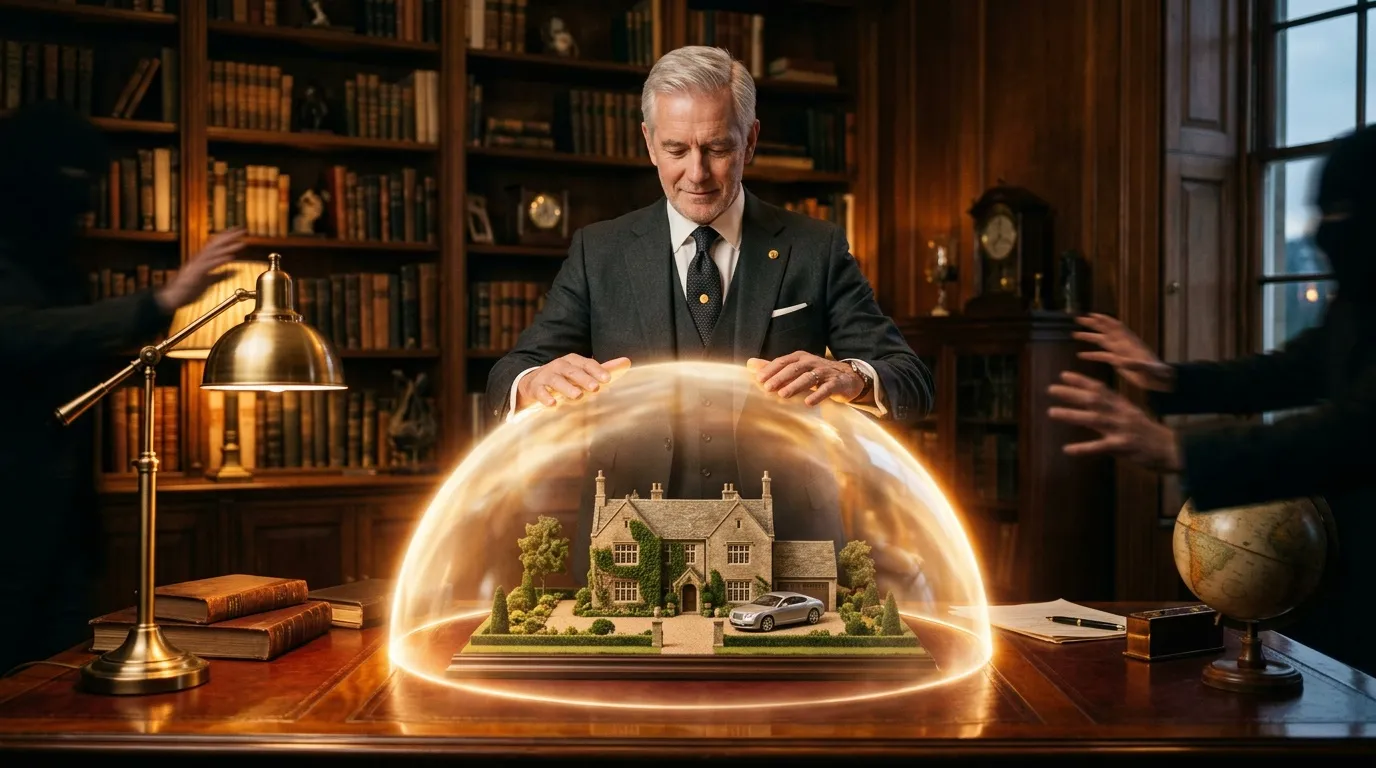 Homme d'affaires protégeant une maison sous dôme lumineux