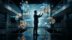 Homme d'affaires interagissant avec données financières holographiques et cryptomonnaies