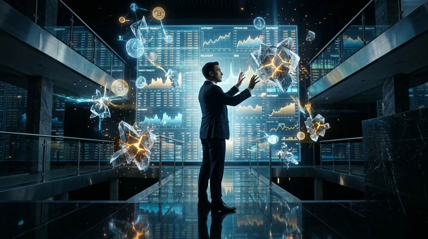 Homme d'affaires interagissant avec données financières holographiques et cryptomonnaies