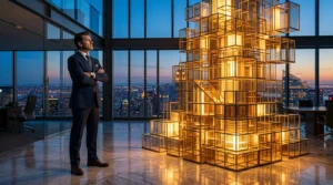 Homme d'affaires contemplant une structure dorée illuminée en hauteur