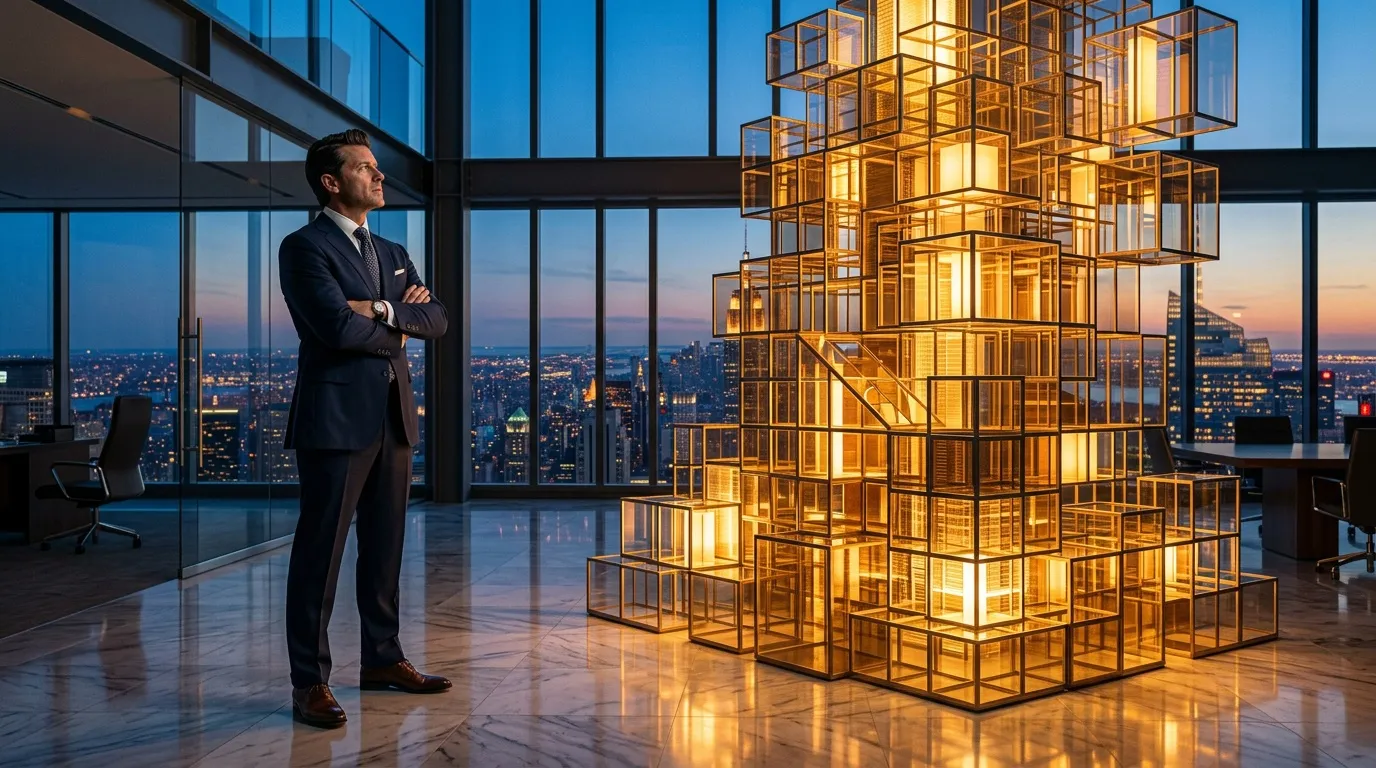 Homme d'affaires contemplant une structure dorée illuminée en hauteur