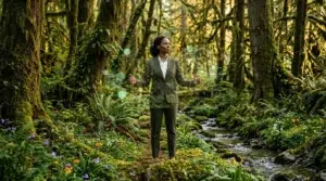 Femme d'affaires en forêt verdoyante, symbole de durabilité.