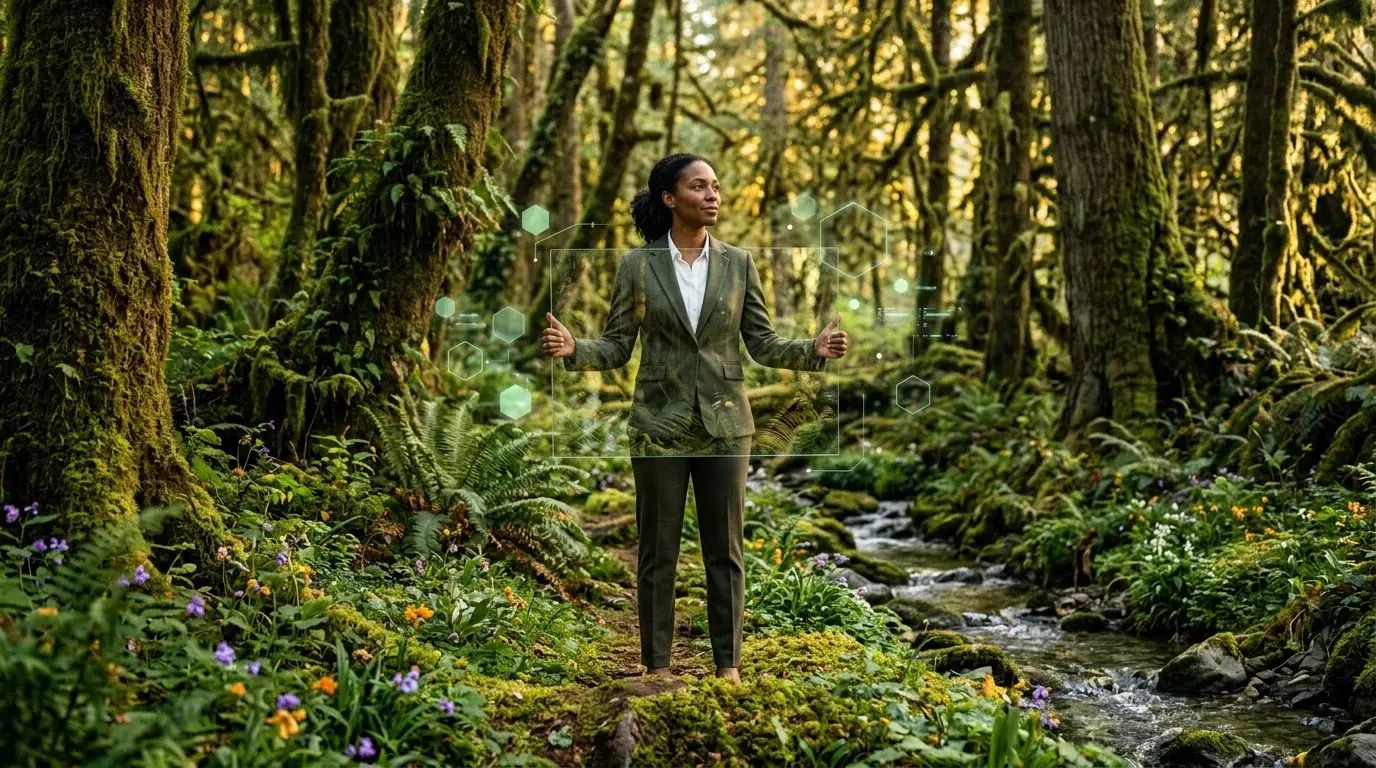 Femme d'affaires en forêt verdoyante, symbole de durabilité.