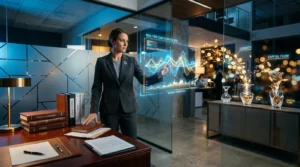 Femme d'affaires analysant des données financières holographiques