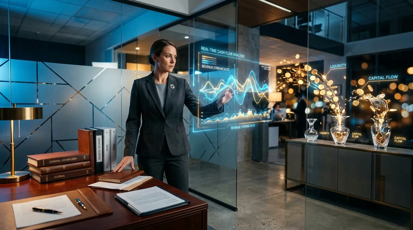 Femme d'affaires analysant des données financières holographiques