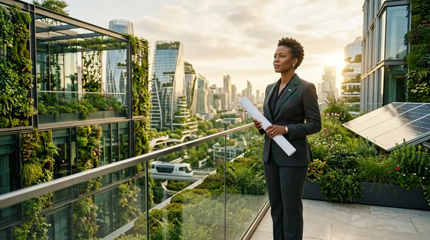 Femme professionnelle avec plans sur terrasse verte en ville