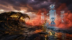 Structures de verre et or dans un paysage désertique apocalyptique