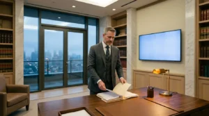 Homme en costume examinant des documents dans un bureau moderne