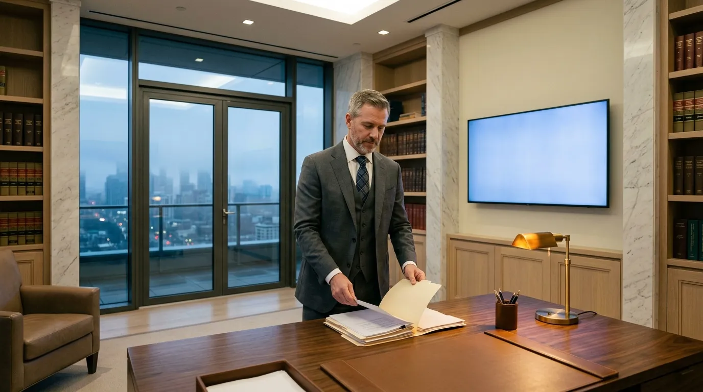 Homme en costume examinant des documents dans un bureau moderne