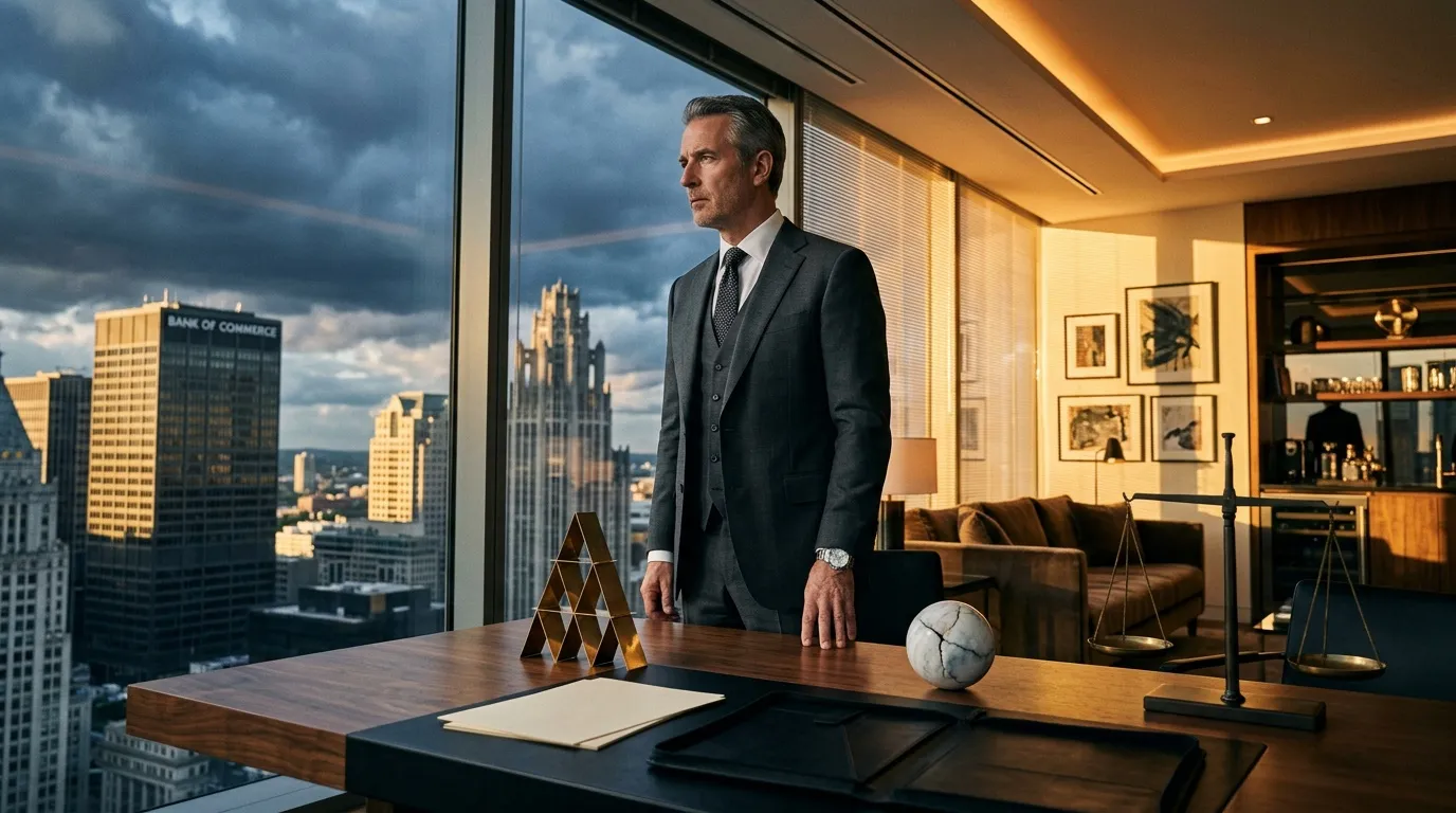 Homme d'affaires en costume dans un bureau moderne avec vue sur la ville