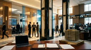 Professionnels en costumes dans un bureau financier de luxe