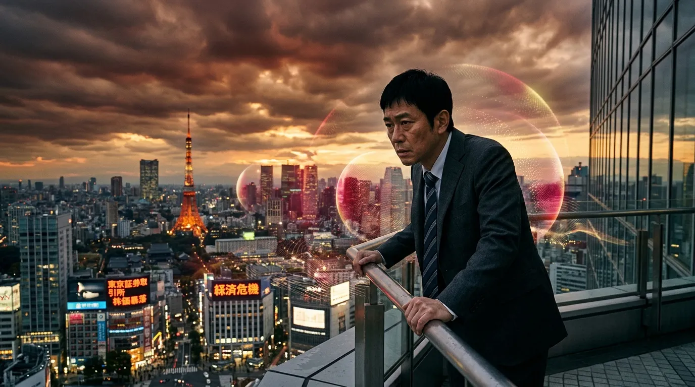 Homme d'affaires contemplant Tokyo depuis un gratte-ciel au crépuscule