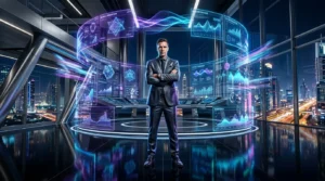 Homme d'affaires entouré d'écrans holographiques technologiques brillants