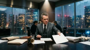 Homme d'affaires sérieux travaillant à son bureau en soirée.