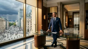 Homme en costume bleu dans bureau haut de gamme avec vue urbaine