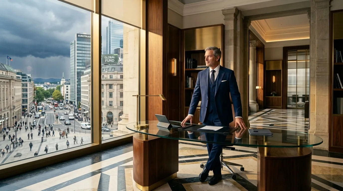 Homme en costume bleu dans bureau haut de gamme avec vue urbaine