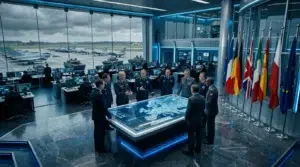 Officiers militaires réunis autour d'une table tactique interactive.