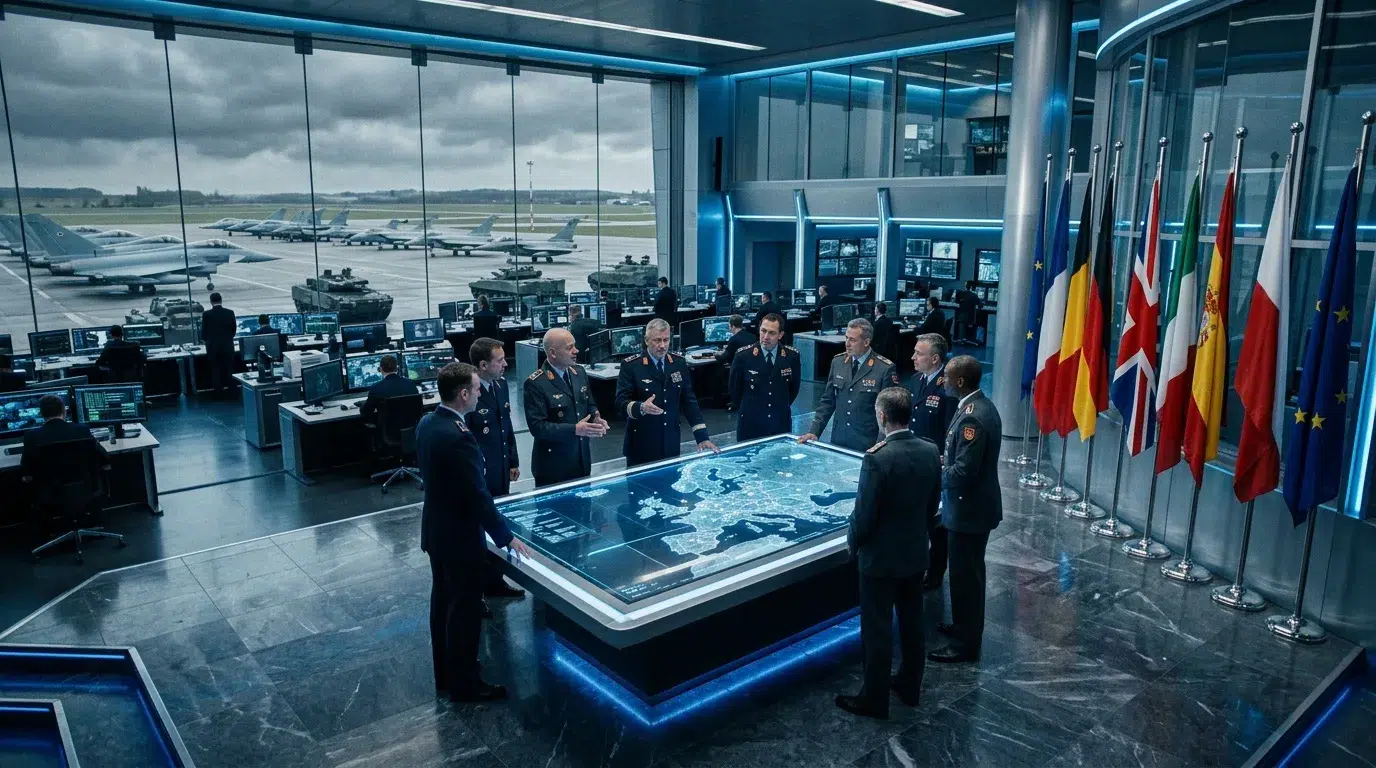 Officiers militaires réunis autour d'une table tactique interactive.