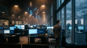 Homme d'affaires dans un bureau high-tech avec vue sur la ville