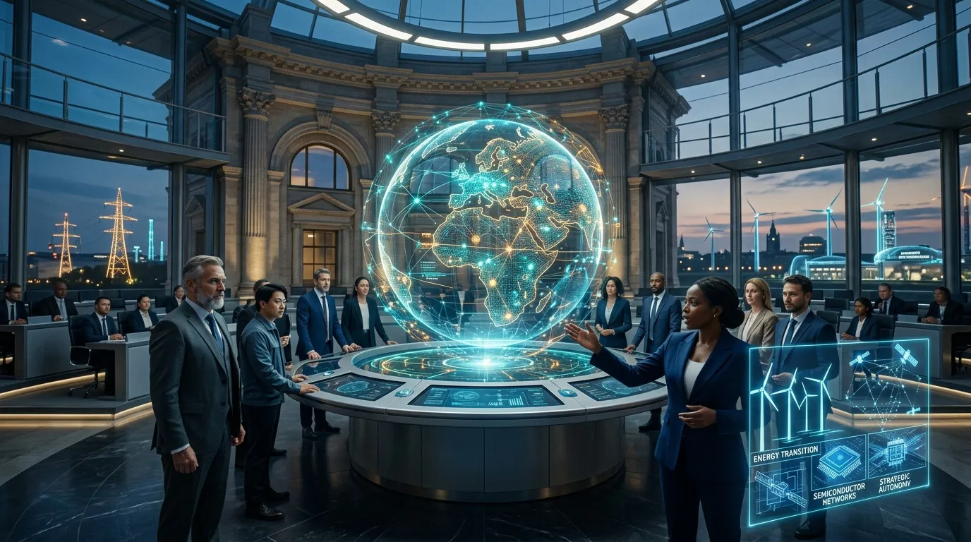 Professionnels autour d'un globe holographique interactif futuriste