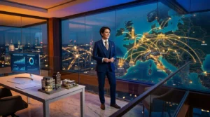 Homme d'affaires observant carte interactive Europe réseau connecté