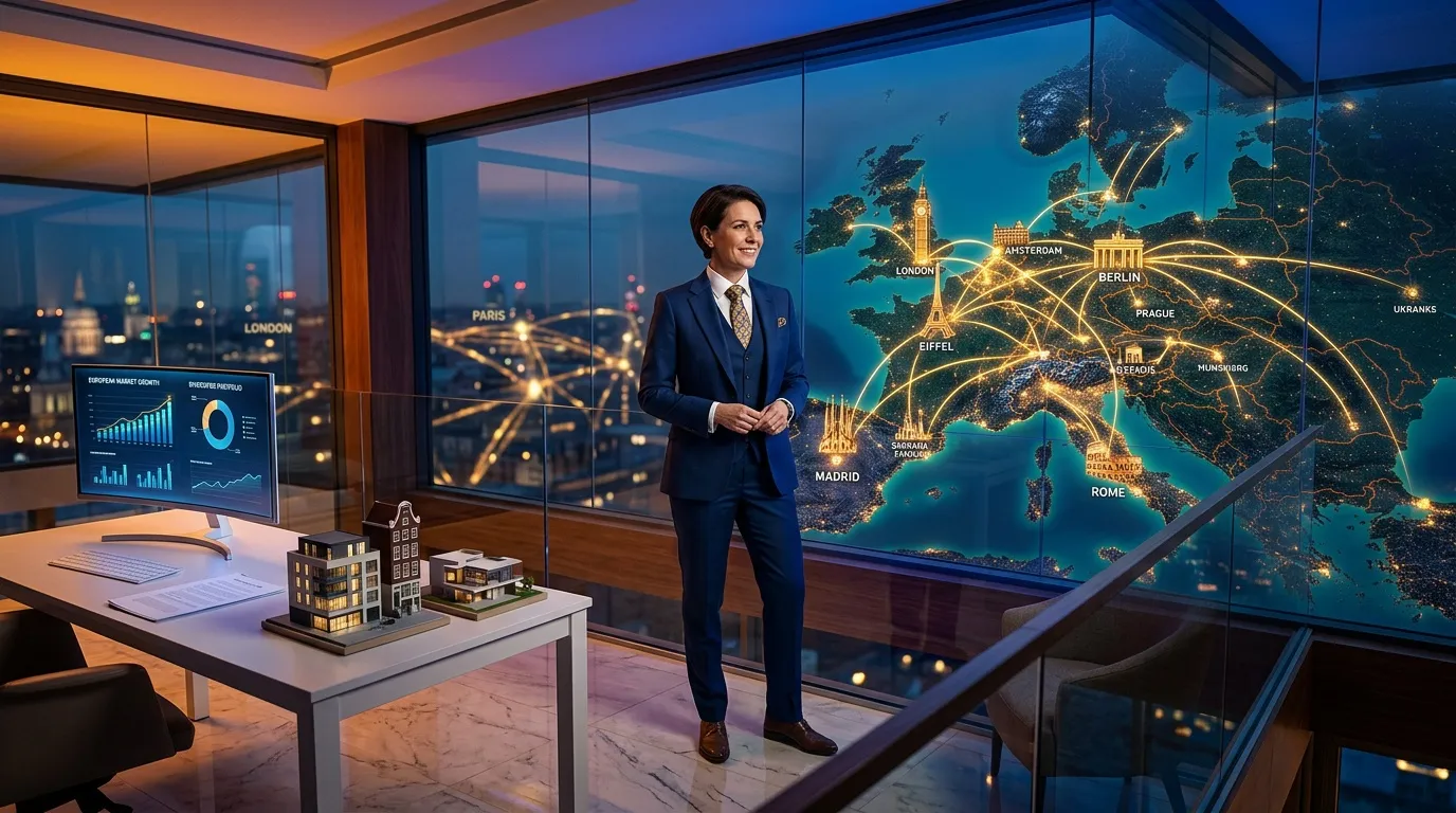 Homme d'affaires observant carte interactive Europe réseau connecté