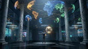 Homme contrôlant hologrammes monde connecté