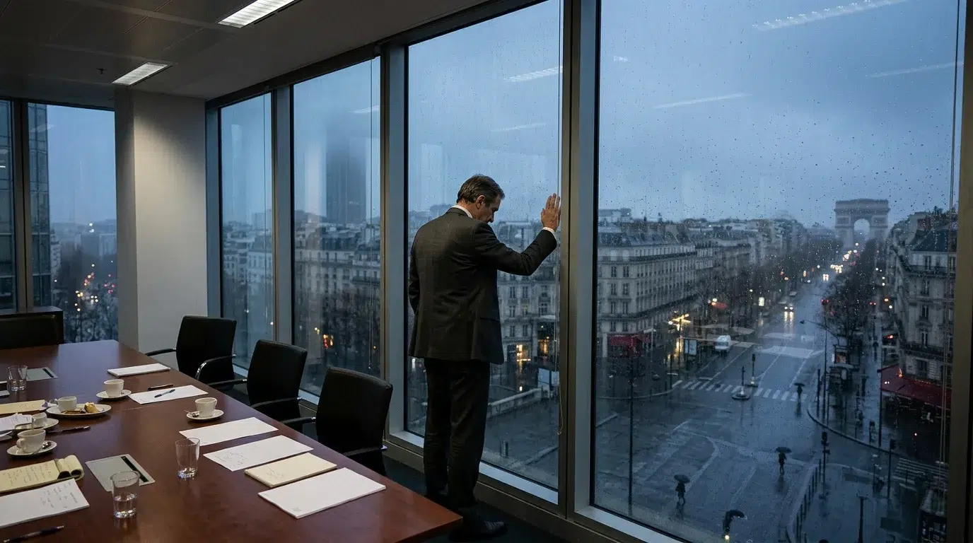 Homme en costume regardant la ville de Paris par la fenêtre