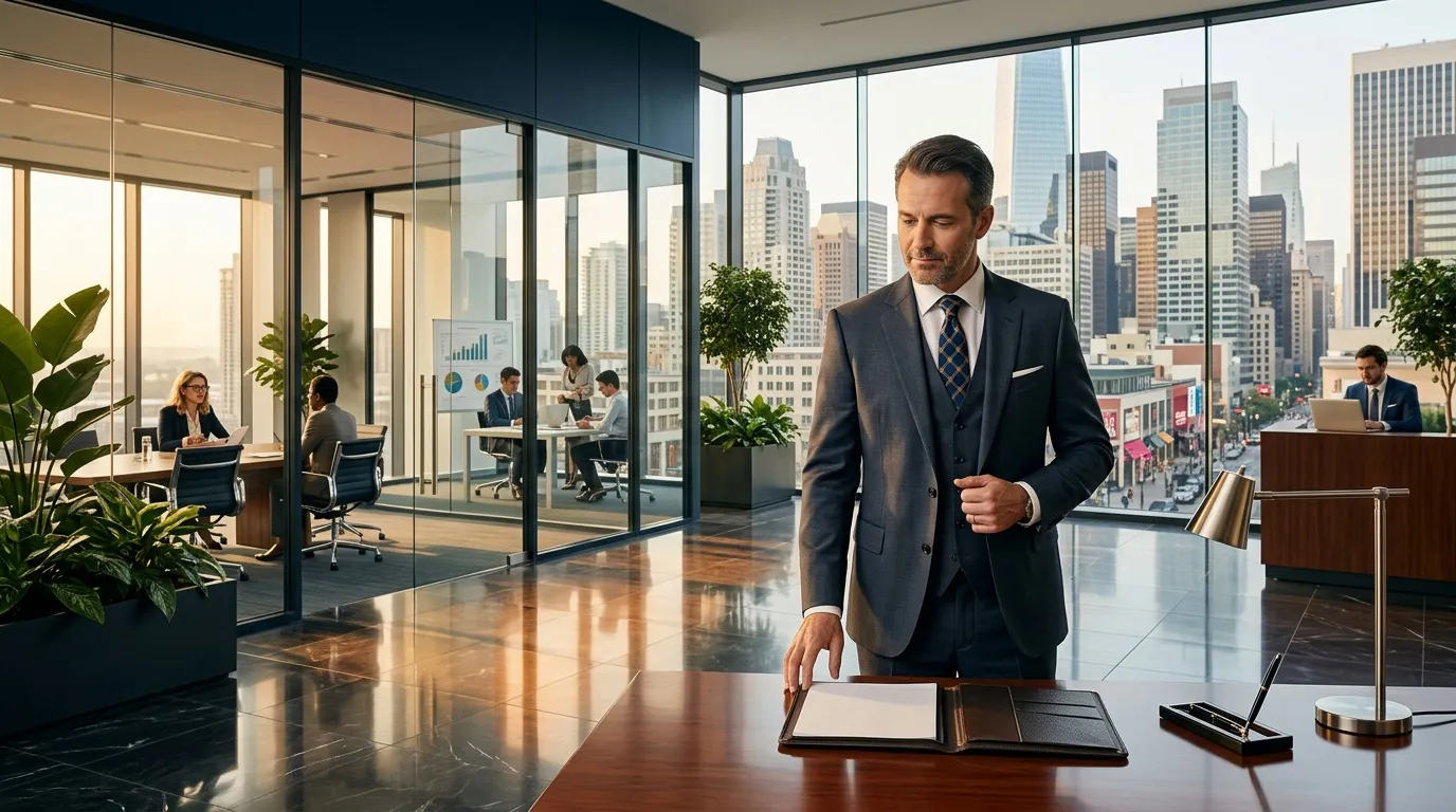 Homme d'affaires en costume dans un bureau haut de gratte-ciel avec vue urbaine
