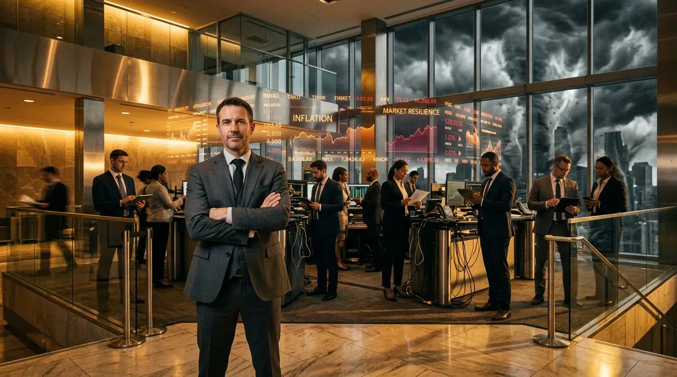 Homme d'affaires posant devant écrans financiers marché