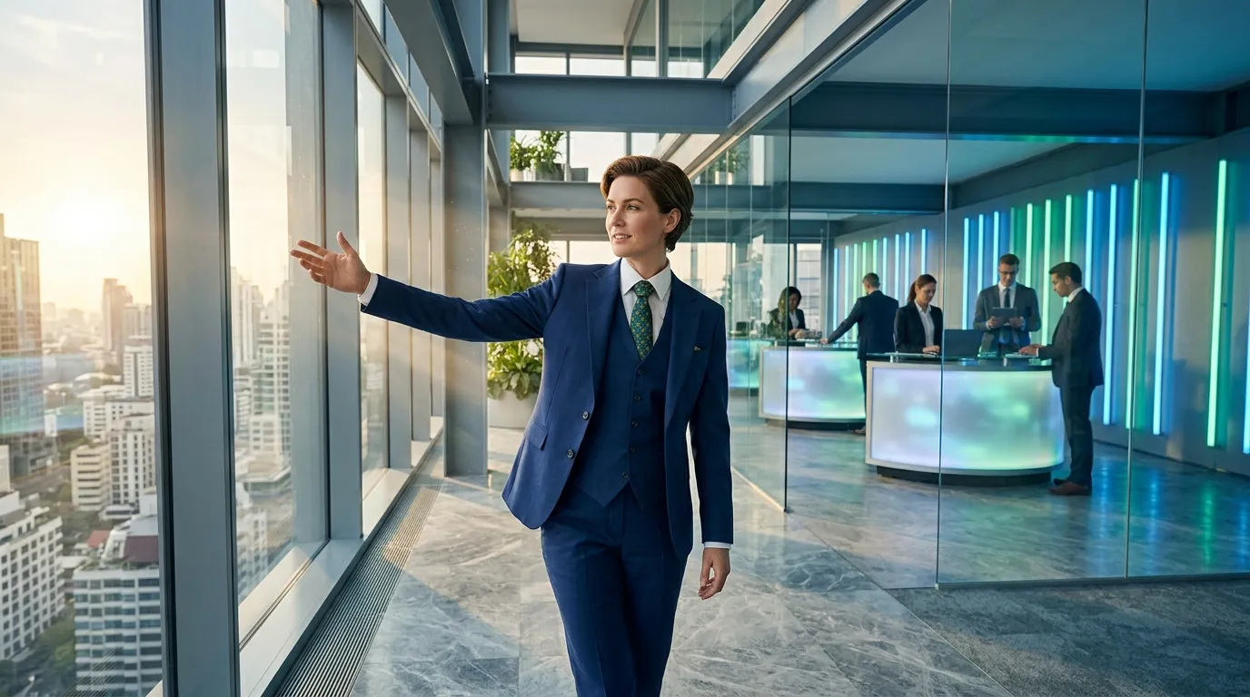 Femme d'affaires en costume bleu dans gratte-ciel contemporain
