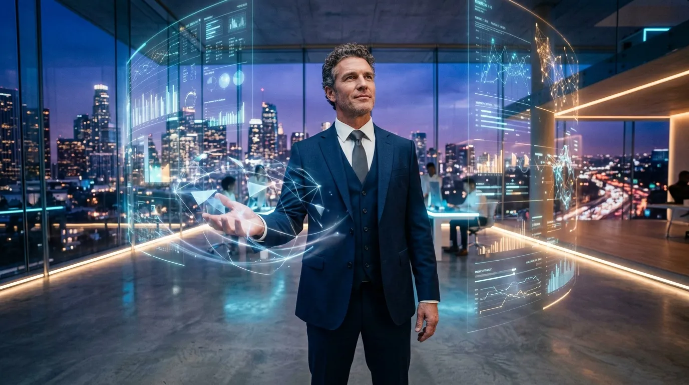 Homme d'affaires naviguant interfaces holographiques données financières