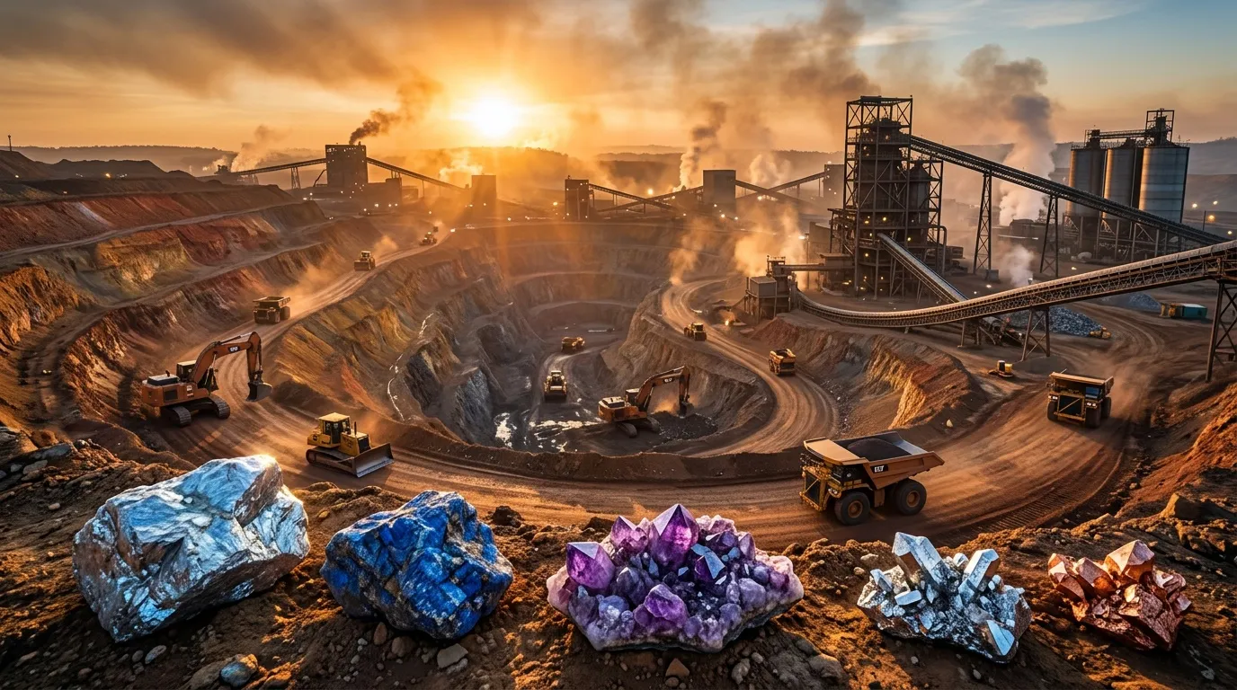 Mine à ciel ouvert avec cristaux colorés et équipements industriels