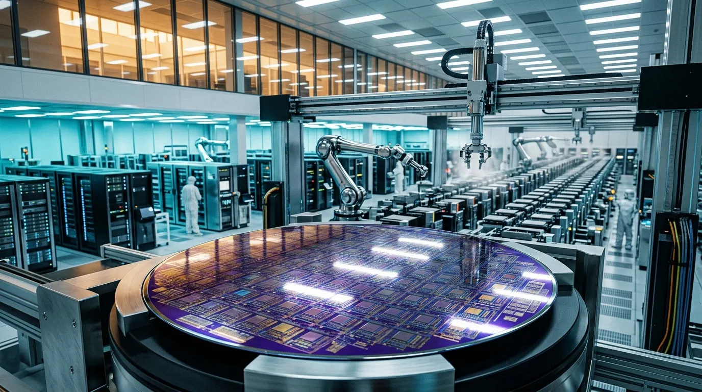 Usine de production de circuits intégrés avec robots et wafers