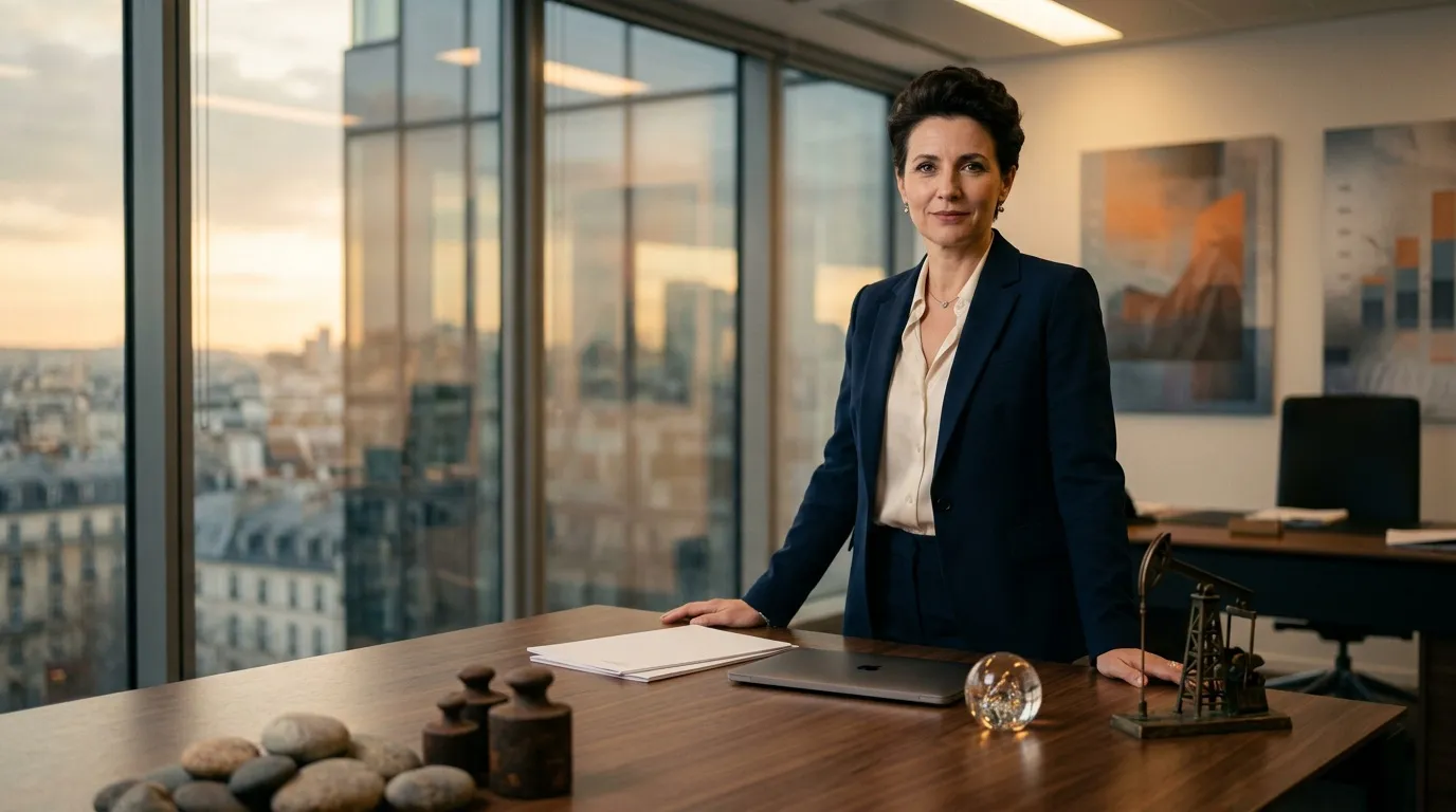 Femme d'affaires en blazer bleu dans un bureau moderne avec vue urbaine