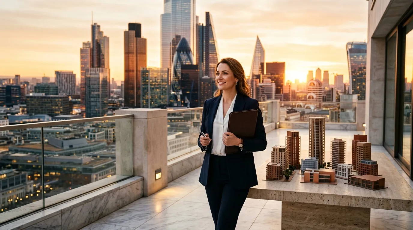 Femme en costume noir devant skyline de New York