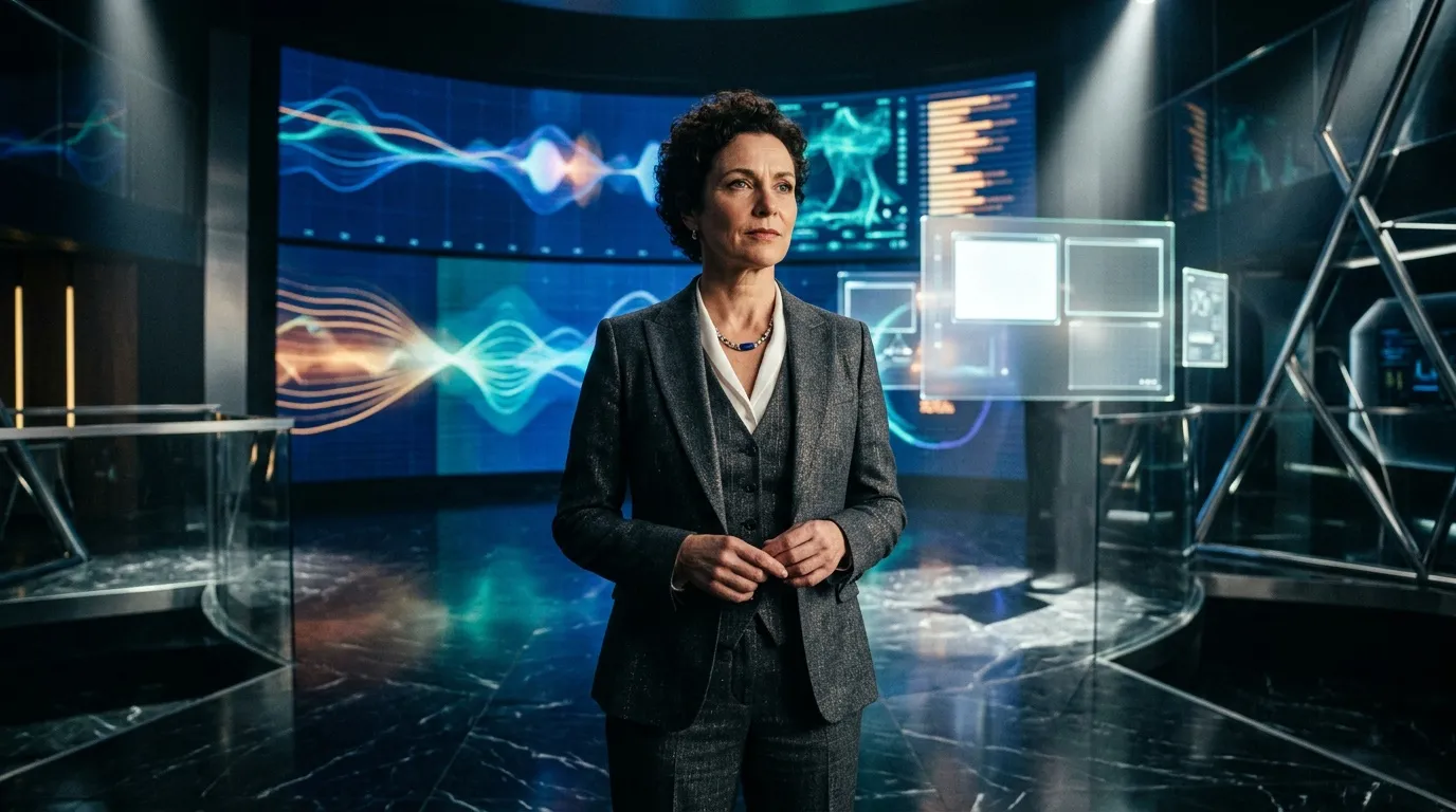 Femme en costume gris dans un studio high-tech avec écrans numériques