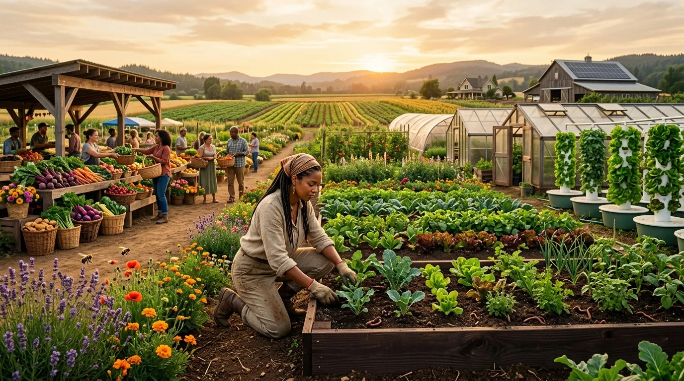 Femme cultivant des légumes dans potager bio avec ferme en arrière-plan