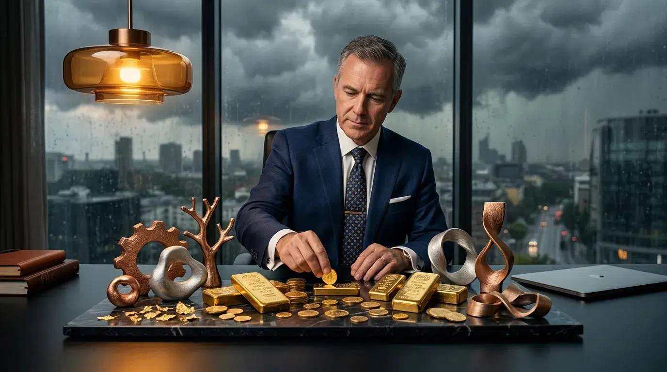 Homme en costume manipule barres d'or et pièces