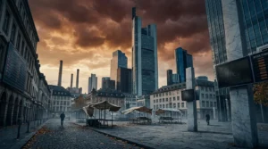 Place vide à Francfort avec gratte-ciel et ciel menaçant