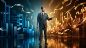 Homme en costume devant graphiques financiers bleus et or