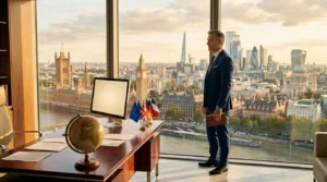Homme en costume bleu observant Londres depuis bureau haut étage