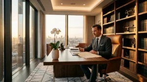 Homme en costume travaillant à son bureau avec vue panoramique sur la ville
